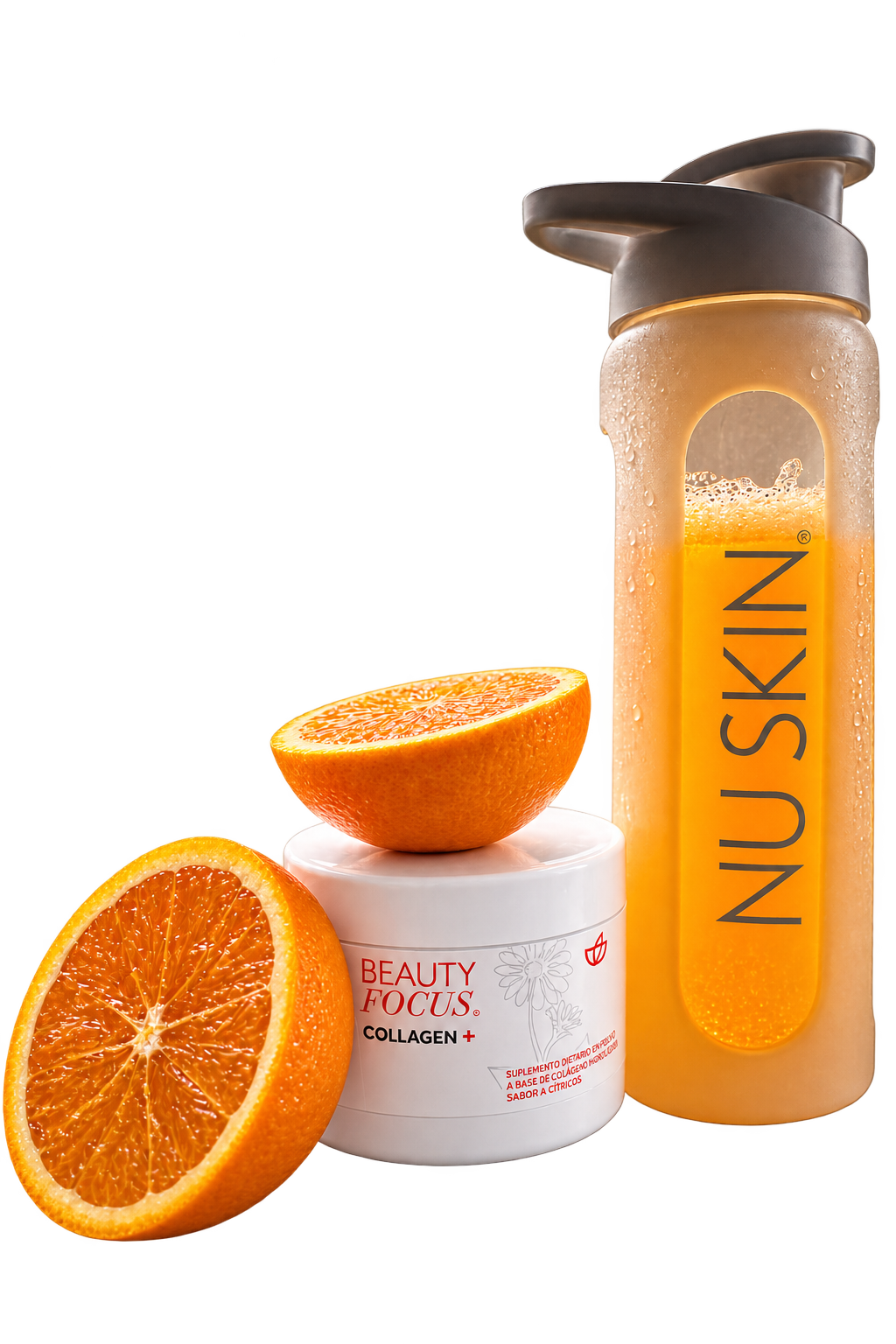 Beauty Focus Collagen+ de Nu Skin con vaso mezclador y naranjas